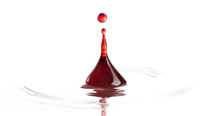 Single realistic red blood droplet, isolated on transparent background, macro sharp detail.