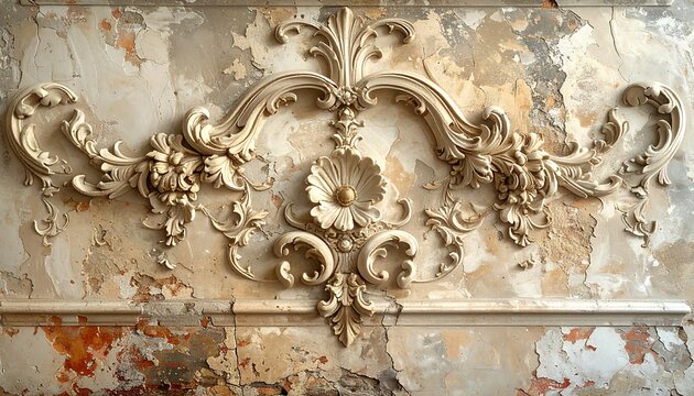 Intricate plasterwork ornament, floral motif, on aged and peeling wall, textured with layers of weathered paint - Powered by Adobe