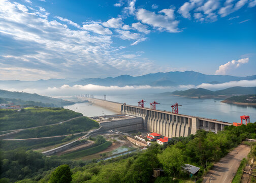 Yichang Three Gorges dam stands majestically across a wide river under a cloudy sky, with mountains in the distance.