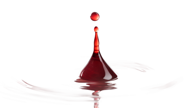 Single realistic red blood droplet, isolated on transparent background, macro sharp detail.