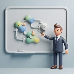 Engaging 3D illustration of a businessman presenting a colorful startup idea development process on a whiteboard, symbolizing strategic business innovation and project lifecycle