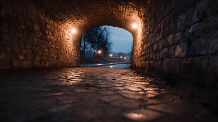 Stone tunnel entrance with glowing lamps illuminating a wet cobblestone path leading to a tranquil evening park scene