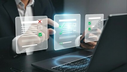 Businessman using laptop and smartphone with futuristic holographic interface for digital transactions - Powered by Adobe