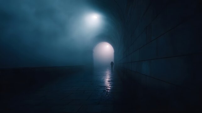 A solitary figure walks through a mysterious fog filled tunnel towards a distant light - Powered by Adobe