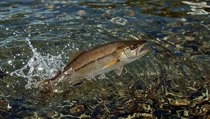 Fototapeta premium Walleye fish jumping out of river water