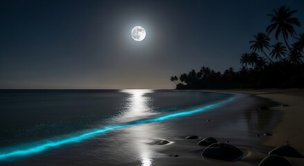 Bioluminescent Waves on a Tropical Beach Under a Full Moon.