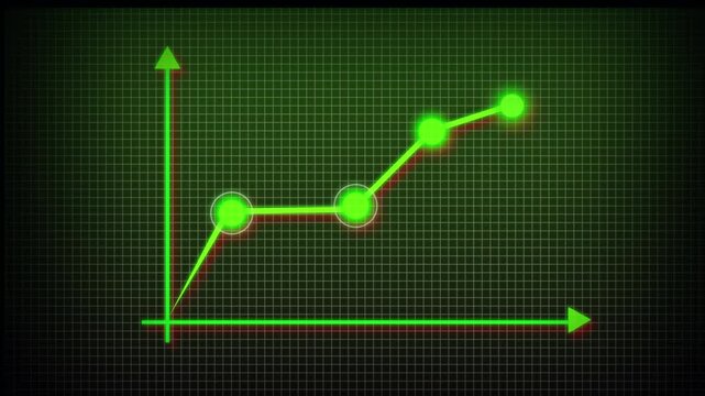 Green Neon Line Graph with Two Points on Dark Grid Background scatter plot data. Modern green neon line graph on dark grid showing two points in scatter plot for business analytics.