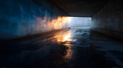 Fototapeta premium A wet concrete tunnel passage with colorful light reflections on the damp ground