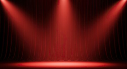 Luxurious red velvet stage curtains draped dramatically, illuminated by glowing theater spotlights. Ideal glamorous entertainment background ,backdrop ,curtain ,stage