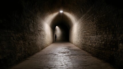 Fototapeta premium A solitary figure stands at the illuminated end of a dark arched brick tunnel