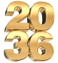 Obraz premium Golden metallic 3D year 2036 digits isolated on a transparent background, symbolizing future success and major milestones.