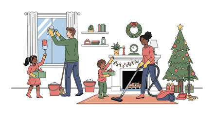 Family Cleaning Home for Christmas, Joyful Holiday Preparations