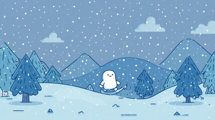 Cartoon character snowboarding in snowy landscape with transparent background