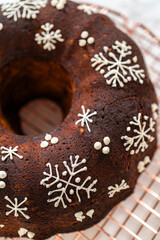 Gingerbread Bundt Cake With Caramel and Snowflake Design