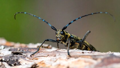 Macro shot of an insect perched on weathered wood, showcasing intricate details of its patterned exoskeleton and prominent antennae