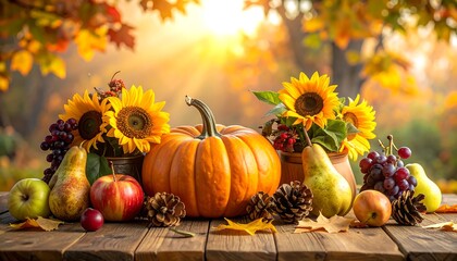 Autumn Harvest Still Life with Pumpkins and Sunflowers.