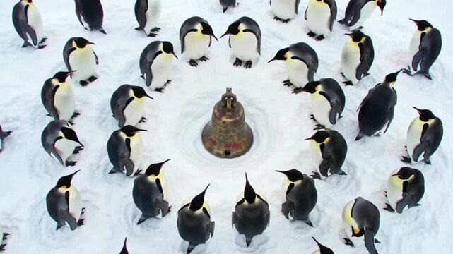 Penguins Gathering Around Bell in Snowy Landscape Aerial View