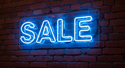 Obraz premium Eye-catching blue neon SALE sign glows vibrantly against a rustic brick wall, perfect for announcing promotions and driving customer excitement.