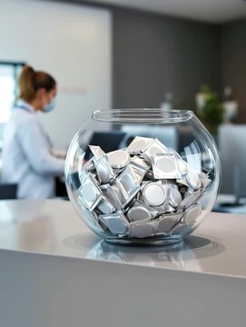 Healthcare reception counter with glass container of silver wrappers in minimalistic design