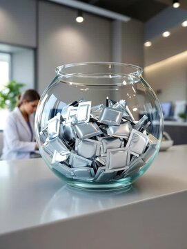 Silver condom wrappers organized in transparent glass bowl on clean modern healthcare desk