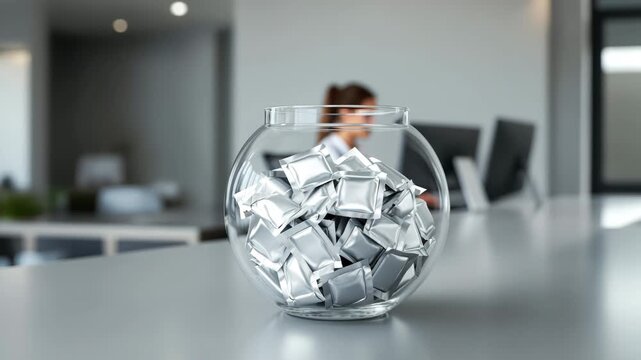 Modern reception counter with glass bowl filled with metallic condom wrappers in focus