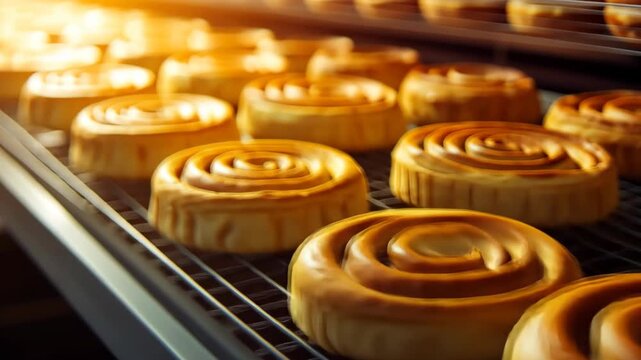 rows of freshly baked pastries with intricate patterns, detailed textures, warm and inviting lighting, sharp and artistic composition, vibrant atmosphere