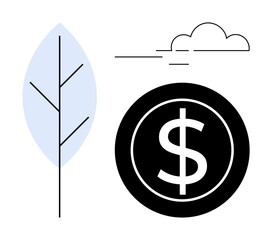 Black dollar coin, abstract leaf, cloud, and minimalist lines suggest eco-friendly finance. Ideal for sustainability, eco-economy, investments, environmental awareness, green growth circular