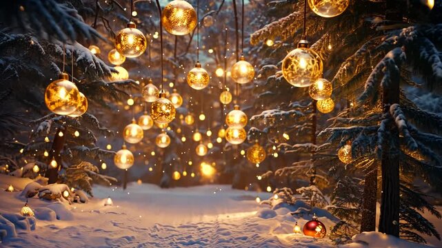Magical winter night with glowing lanterns hanging from snow-covered trees, peaceful and enchanting, holiday magic