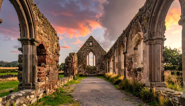 Interior view of weathered stone ruins of an ancient structure under a colorful sunset sky. A path leads towards the end