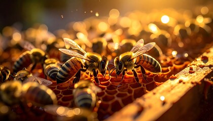 Macro shot of bees on a honeycomb, golden light illuminates the scene creating a warm, inviting, close-up of the hive