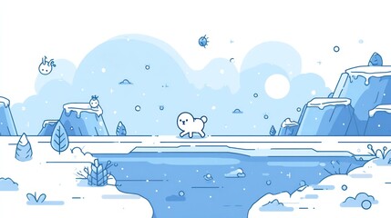 Cartoon dog walking through a winter landscape with snow and mountains