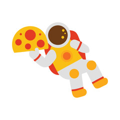 Whimsical cartoon astronaut in a bright yellow and white spacesuit floats joyfully in outer space holding a slice of delicious pepperoni pizza