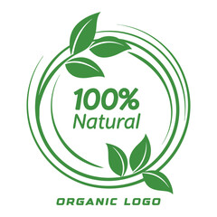 Green circular emblem with swirling lines and leaves signifying 100 percent natural and organic product certification and branding