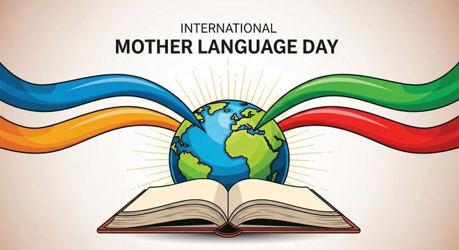 International mother language day celebrated globally with diverse languages represented by colorful ribbons emanating from earth above an open book