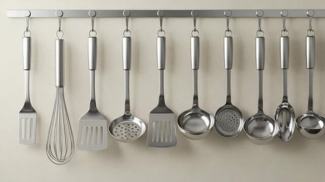 Stainless steel kitchen utensils hanging on wall rack against backdrop  