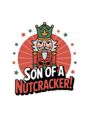 A stylized cartoon illustration of a nutcracker figure
in a red and green color scheme centered within a red sunburst circle