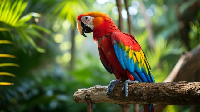Colorful parrot perched on a branch in a lush tropical setting during daylight