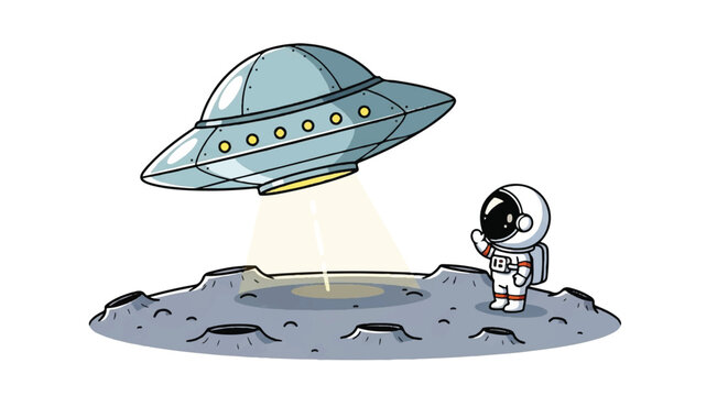 An astronaut in a spacesuit stands on a moon surface with a UFO hovering above, emitting a beam of light.