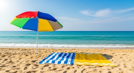 Colorful beach umbrella and towel on sandy shore with ocean view