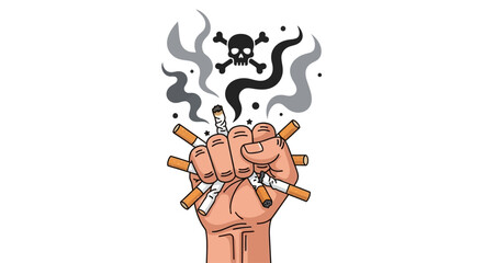Fistful of Cigarettes Crushed to Expose the Deadly Smoke and Skull Symbol, Representing Smoking Cessation and Harmful Effects of Tobacco
