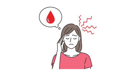 Person experiencing headache and dizziness with blood drop icon