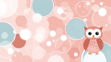 Cartoon owl illustration with abstract background of circles and bubbles in soft colors