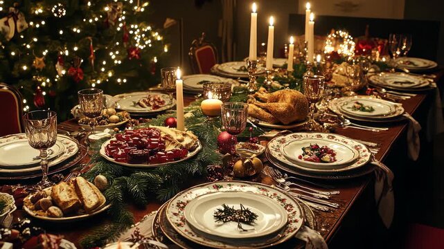 Christmas dinner table set with elegant decor, candles, and festive dishes, concept of holiday feasts, joyful gatherings, and warm winter evenings.