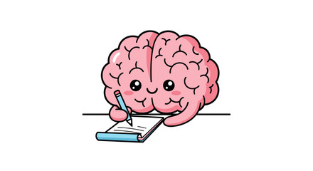 Cute cartoon brain character writing on a notepad, symbolizing creativity and learning