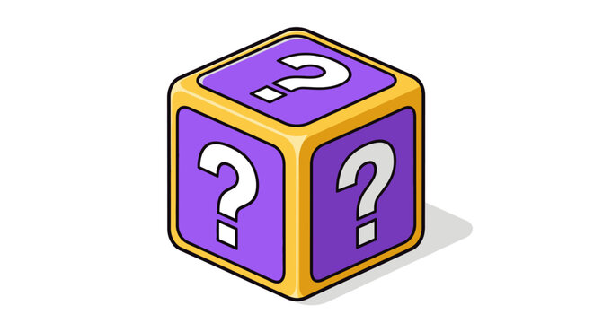 Mystery question mark cube icon representing chance, options, and unknown outcomes in a fun, isometric design
