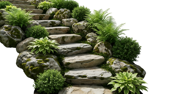 Stone garden steps with lush green plants isolated on transparent background