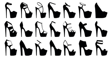 A diverse collection of elegant high-heeled footwear silhouettes, showcasing an array of platform and stiletto designs perfect for fashion illustrations and style guides