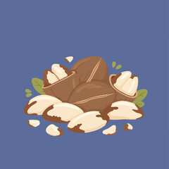 An eye-level, illustrative digital drawing of a pile of Brazil nuts in shells and shelled nuts is set against a bluish-purple backdrop.