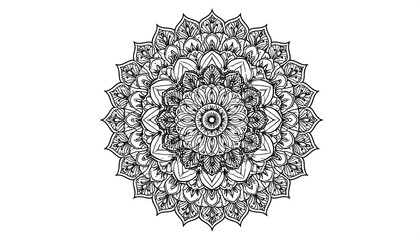 Intricate symmetrical black and white circular pattern with floral and geometric details. Complex, layered design. Looks like a mandala