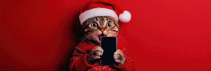 Fototapeta premium Funny cat wearing Santa hat and red sweater holding smartphone against bright red background, humorous Christmas pet portrait with copy space